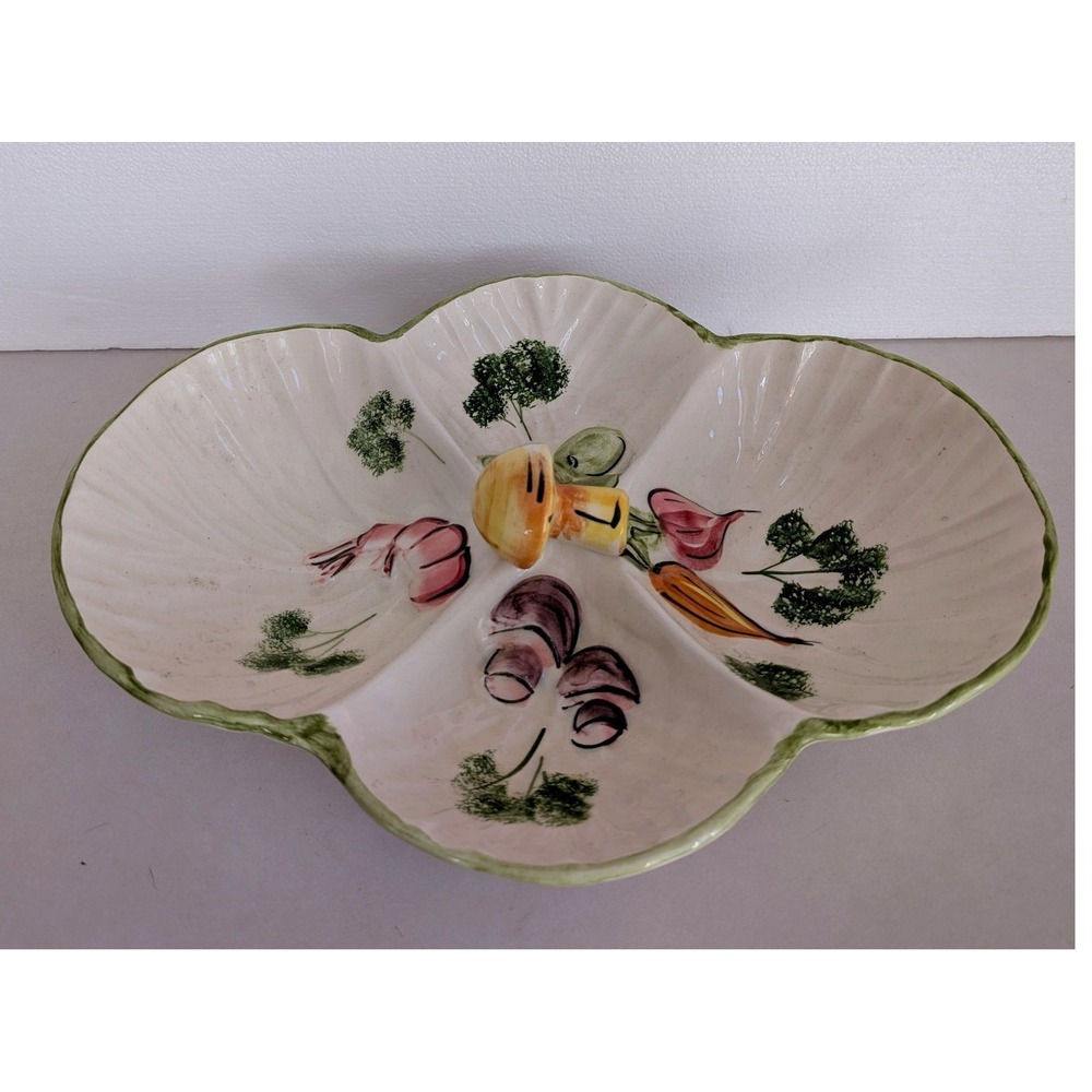 VTG Los Angeles Potteries Vegetable Motif Divided Serving Dish Mushroom Handle